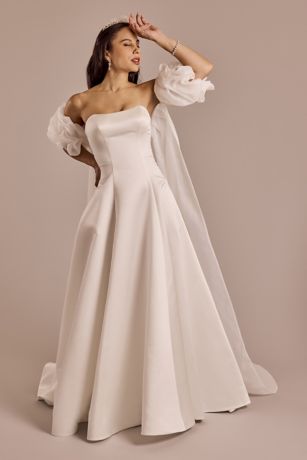 Oleg Cassini Satin A-Line Wedding Dress with Removable Cape